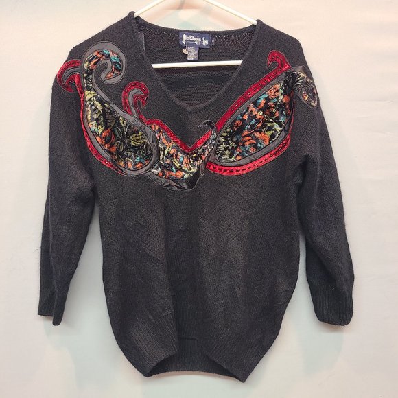 Vintage Sweaters - Vintage Le Chois Sweater Black Silk Paisley Beaded V Neck Womens Small